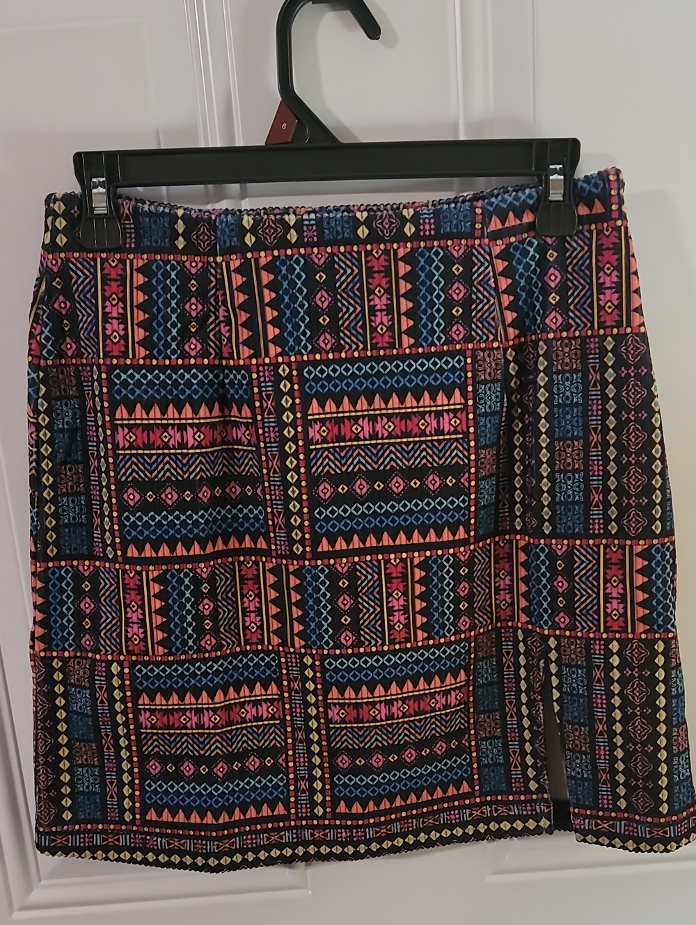 Savanna Jane Black Mini Skirt with Pink, Blue & Orange Geometric Print